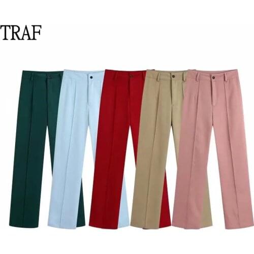 TRAF Za 2021 Women Pants Spring Fashion Office Trousers Suits High Waisted Pant Lady Pink Elegant Casual Famale Straight Pants