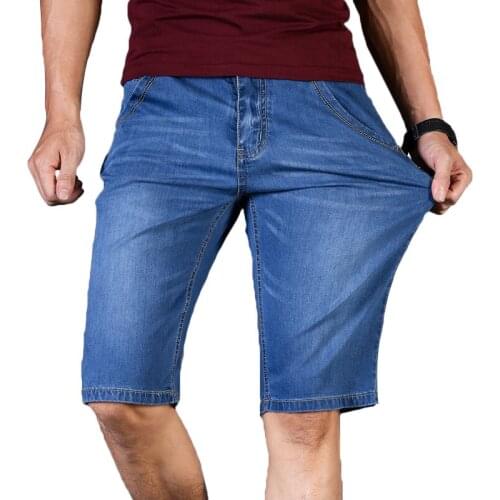 Big Size 40 42 44 46 Summer New Men Business Denim Shorts Fashion Casual Stretch Slim Blue Thin Short Jeans Male