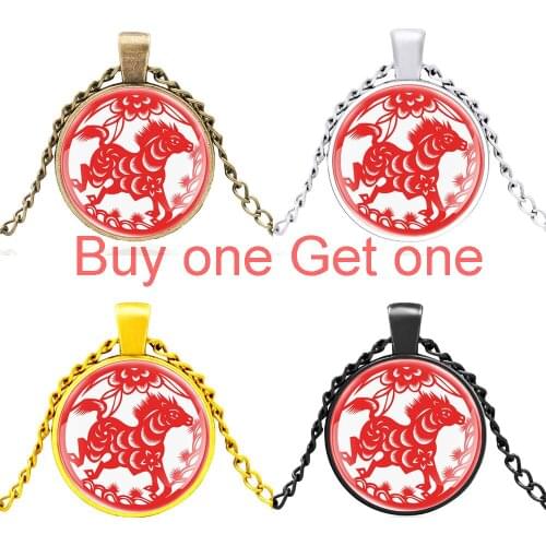 Classic Chinese Style Paper Cut Horse Design Glass Cabochon Men Women Fashion Pendant Necklace Jewelry Gifts