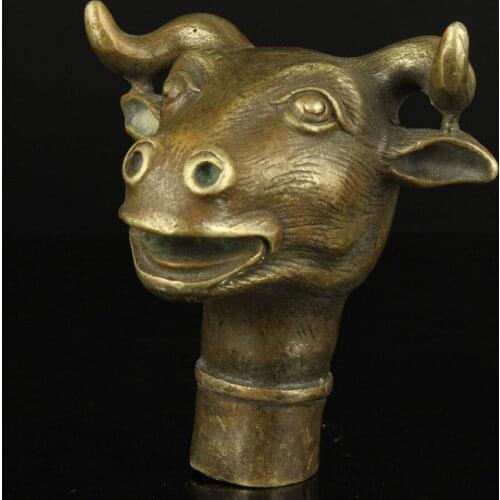 100% bronze Pure Copper Brass Grandpa Good Lucky Collectible Old Handwork Carving Bull Statue Cane Head Walking Stick