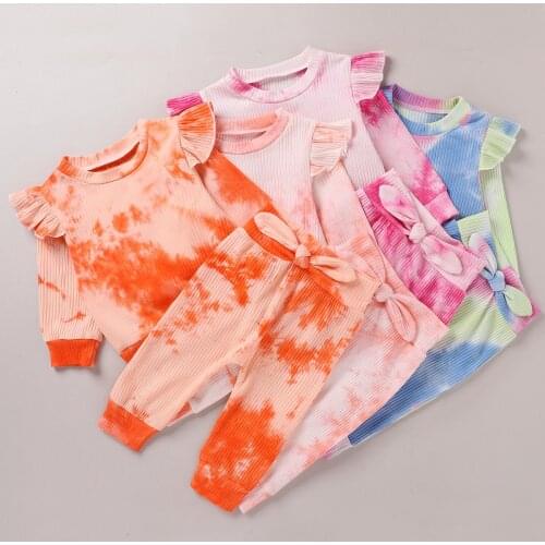 Children Baby Girls 2Pcs Outfit Set Fly Sleeve Tie Dye Pit Stripe Crew Neck Long Sleeve Pullover Kids Bow Pants