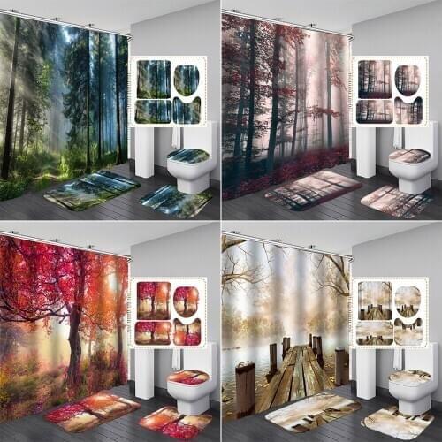 Forest Landscape Shower Curtain Bathroom Curtains Jungle Nature Scenery Bath Mat Set Anti Slip Pedestal Rug Toilet Cover Carpet