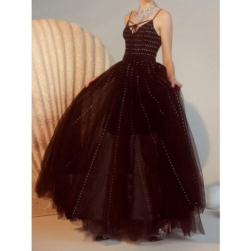 Summer Rhinestone Dress For Women Sexy New Front Lace Up V neck Sling Black Lace X-Long Dress Dot Lace Ball Gown Party Dresses