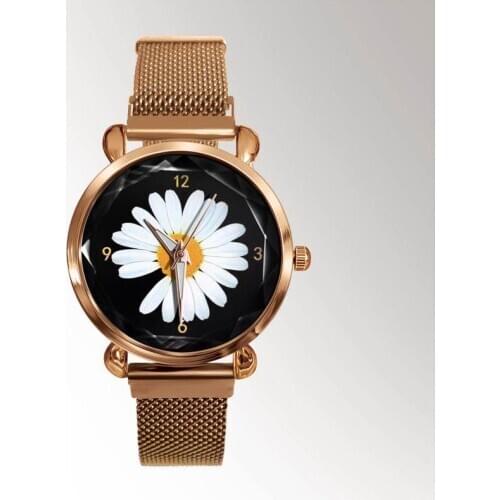 Fashion Casual Wrist Watches for Women Stylish Chrysanthemum Pattern Gold Alloy Strap Ladies Analog Quartz Watch Reloj Mujer