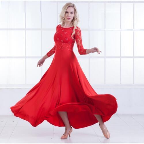 New Ballroom Dance Dresses Lace Sleeve Flamenco Dancing Skirt 6 Color Women Cheap Stage Waltz Ballroom Dress WD03