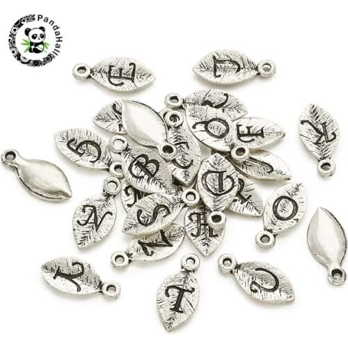 Pandahall 2Sets Tibetan Style Alloy Pendants for Jewelry Findings Making Leaf with Alphabet Antique Silver Color 15x7x1.5mm m
