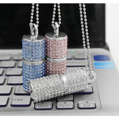 Silver Pink Blue Jewelry Crystal Usb Flash Drive 3.0 Necklace Chain 8GB 16GB 32GB Pen Drive 1TB 2TB Pendrive 64GB USB Stick Gift