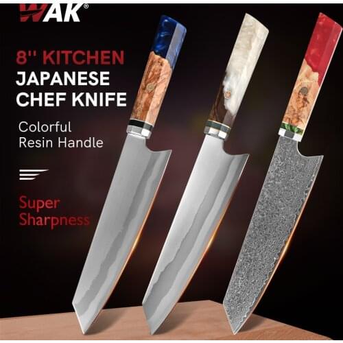 WAK 8 inch 440C Stainless Steel Chef Knife with Burning Blade Resin Turquoise Handle Butcher Knife Kitchen Sashimi Knife