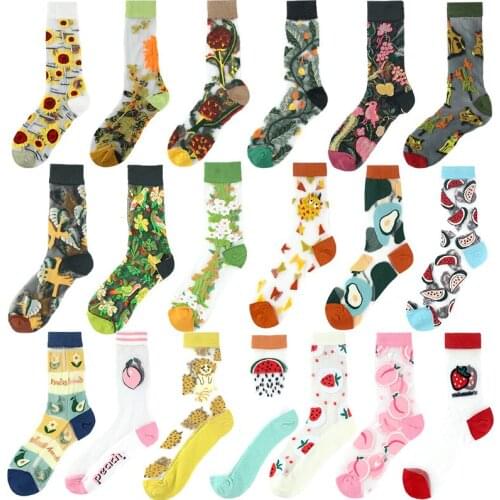 Harajuku Funny Socks Crystal Silk Cute Socks Lovely Cartoon Flowers Fruit Happy Women Socks Girls Casual Summer Fishnet Sokken