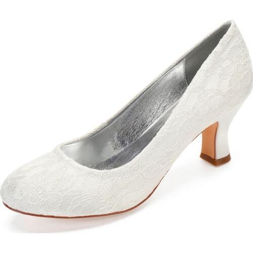Creativesugar white ivory lace rounded toe block thick heel bridal wedding prom party shoes slip on pumps ball shoes 6.5cm heel