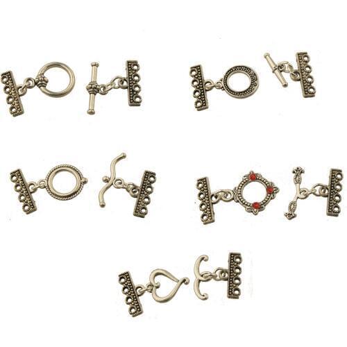 10 sets/lot Clasps & Hook Fit Multi Chain Bracelet Toggle 4 Hole Round Heart Silver Metal Fashion Jewelry Accessories Berloques
