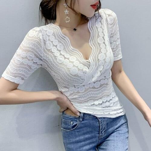 2021Women Lace Blouse Tshirt Summer Elegant Short Sleeve V-neck Lace Shirt Tops