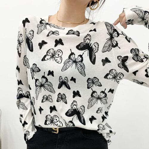 2021 Women Korean Fashion Printed Blouse Tops Womens Knitted Shirt Autumn Womens Casual Loose O-neck Long Sleeve Blouse W767