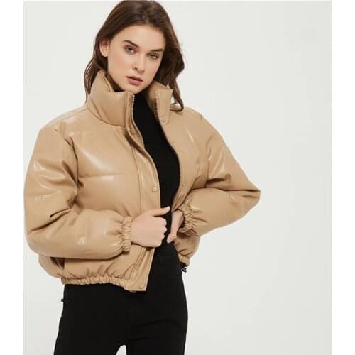 KBAT Women 2020 Fashion Winter Faux Leather Padded Jacket Thick Warm Parka Coat Vintage Long Sleeve Female Outerwear Chic Tops