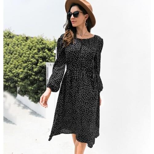2021 Autumn Polka Dot Print Midi Dress Women Casual Fashion O-neck Long Sleeve Sashes Black Long Dresses Office Lady Party Dress