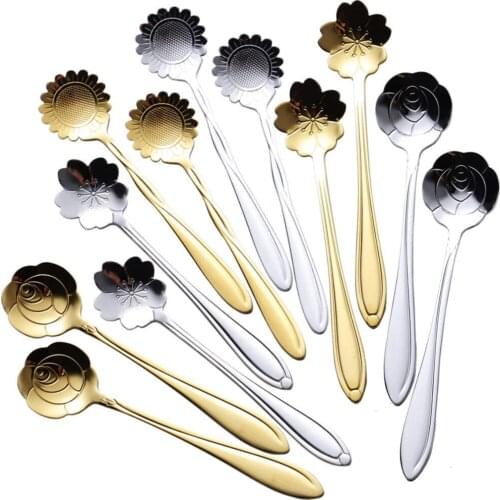 11pcs Stainless Steel Flower Spoons Gold/Silver Color Various Patterns Teaspoon Coffee Spoon Set Decorative Teaspoon