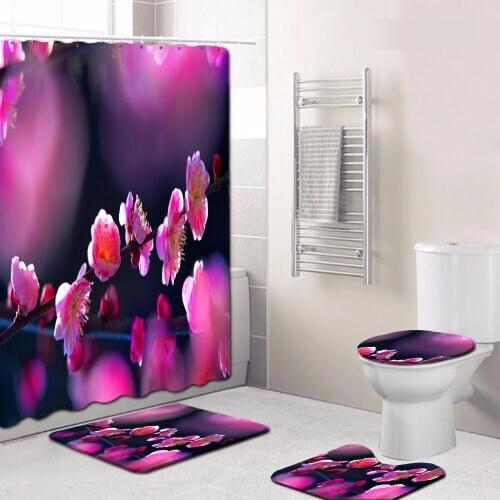 4pcs Flower 3D Waterproof Shower Curtain Waterproof Polyester Fabric Bathroom Curtains Anti-slip Toilet Carpet Flannel Bath Mat