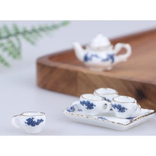 6Pcs Dollhouse Miniature Dining Ware Porcelain Tea Set Dish Cup -Flower Pattern