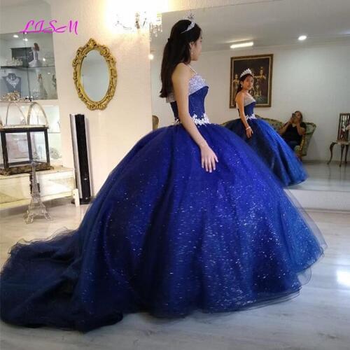 Glitter Sequins Royal Blue Ball Gown Quinceanera Dress Lace Appliques Puffy Girls 15 Years Birthday Dresses Sweet 16 Party Gowns
