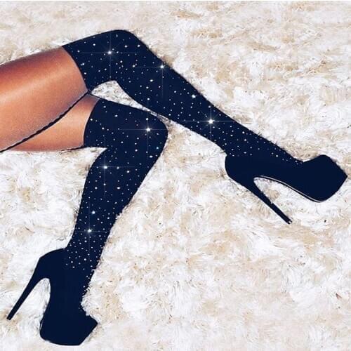 Women Stockings Rhinestones Glitter Socks Bling Thigh High Hipster Over Knee Socks Women Cotton Socks Japanese Harajuku SW066