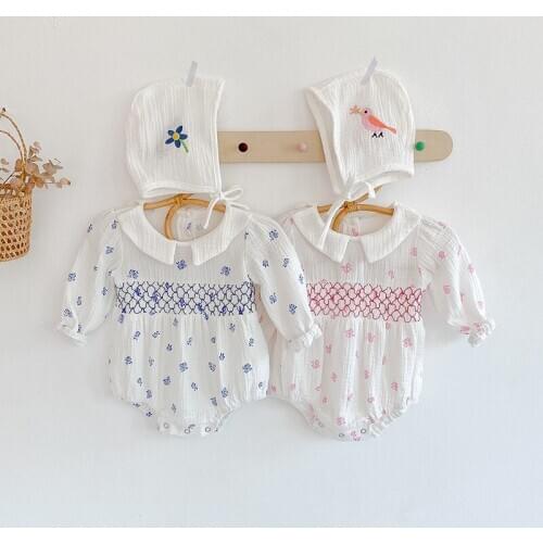 Ins Hot Sale Baby Girls Cotton Long Sleeve Romper With Hat