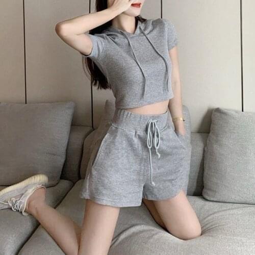 Summer Women Fashion Hooded Jogger Sets Fashion High Waist Drawsting Shorts + Short Sleeve Sport T-shirt Two Pieces Casual Suits