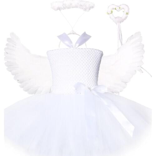 White Angel Tutu Costume for Girls Princess Fairy Cosplay Dress with Wings Halloween Costumes for Kids Girl Clothes Outfit 1-14Y
