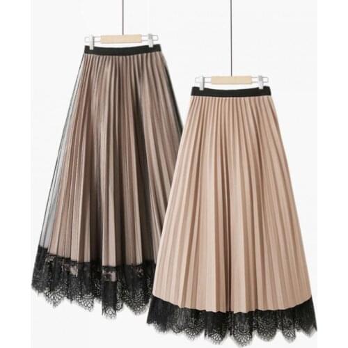 Lace Sweet Solid Color Retro Pleated Skirts Womens Two Sides Wear High Waist Fairy Skirt Women Black Mesh Pleated Skirt Woman