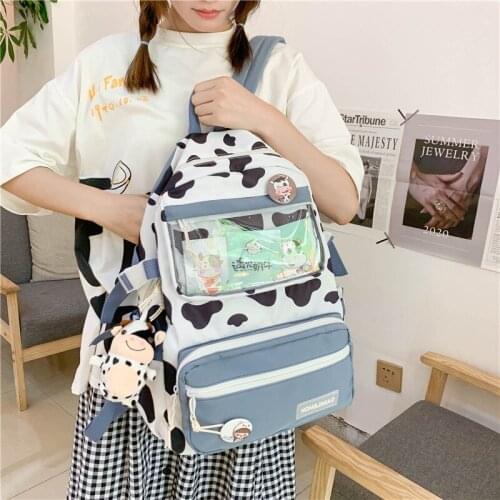 Kawaii Cow Pattern Womens Backpack Casual All-match Schoolbag For Girls Large Capacity Travel Backpacks