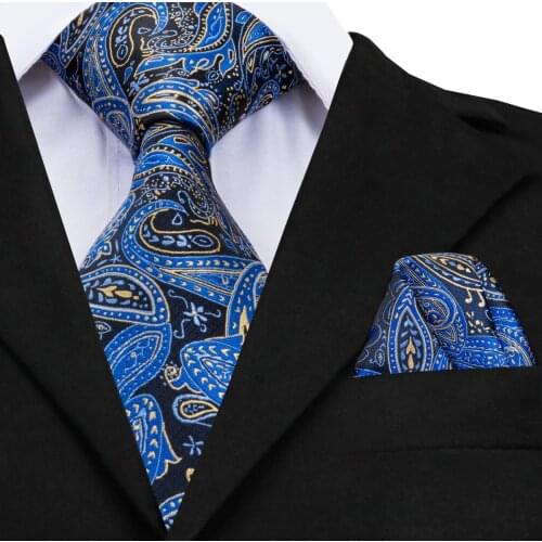 Hi-Tie Mens Ties 2018 Luxury Paisley Blue Silk Tie with Hanky Tie Set without Cufflinks Buisness jacquard Woven Neck Tie CZ-008