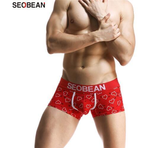 SEOBEAN Mens Underwear Love Printing Cotton Mens U-pouch Bag Push Up Design Body Shaping Sexy Boxers