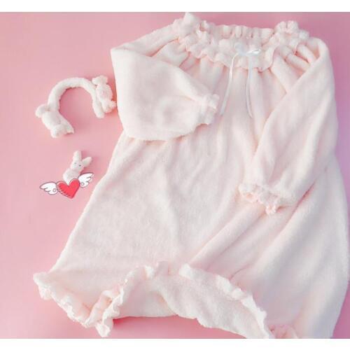 Japanese Magazine Style Kawaii Girls Lolita Soft Fleece Pink Sleep Dress Gown Vintage Princess One Shoulder Nightgowns