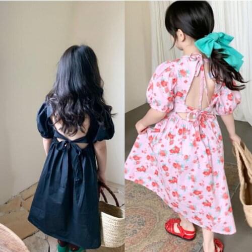 New 2021 Summer Baby Girls Printed Back Hollow Out Dress , Girls Princess Sweet Clothes 5 Pieces/lot