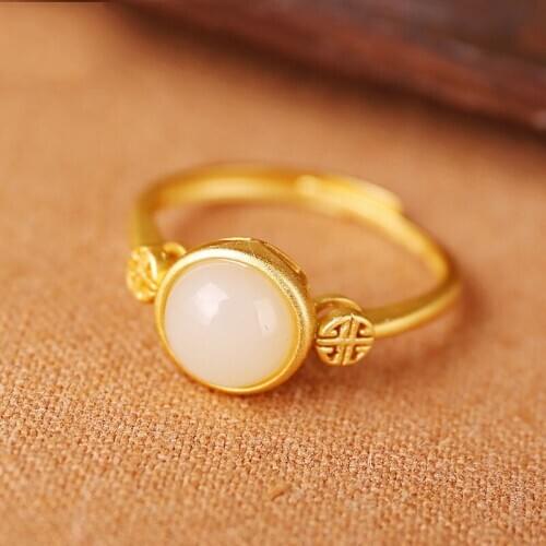 New Silver Inlaid Natural Hotan White Jade Ring Round Frosty Wind Process Opening Adjustable Living Women