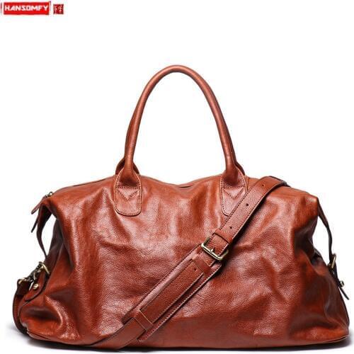 Mens short business trip portable travel bag genuine leather shoulder crossbody bag large capacity handbag fitness luggage bags