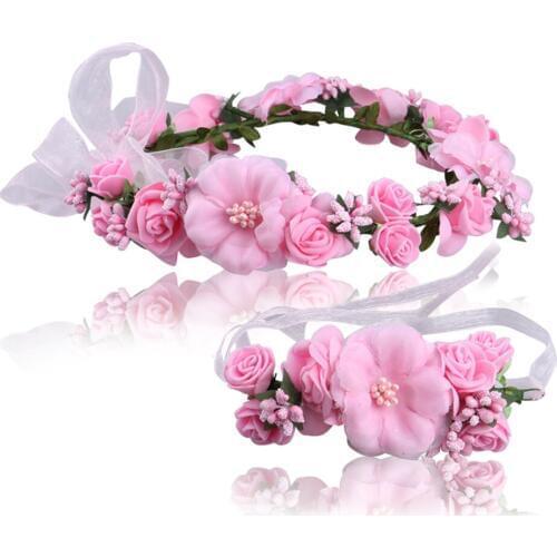 2 Pcs/set Wedding Flower Crown Headband for Women Bridal Floral Wrist Wreath Bridesmaid Garland Photography Props Headpiece
