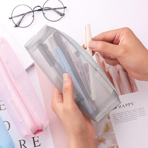 Transparent Pencil Box School Student Pen Bag Supplies Lapis Stationery School Mesh Pencil Cases Kawaii Cute Solid Color
