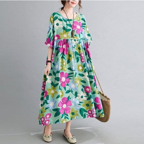 Plus Size Cotton Floral Dress Flower Casual Loose Robes For Women 2021 Pleated Cotton Linen Dress Woman Summer Elegant Holiday