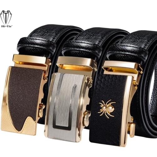 High Quality Mens Dress Jeans Belts Black Genuine Leather Gold Automatic Buckles Waistband Ratchet Strap for Men Trouser Belt