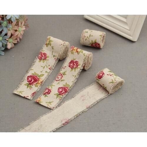 Rose Printed Jute Cloth Roll Hemp DIY Weedding Birthday Gift Strap Apparel Sewing Pulled Flower Rope Linen Volume Burlap Ribbon