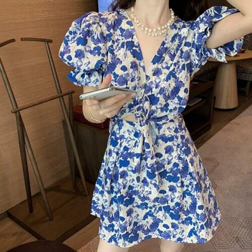 Floral V-Neck Puff Sleeve Dress Women Retro High Waist Cutout Dress Woman Sexy Tight Mini Dresses Ladies Summer 2021