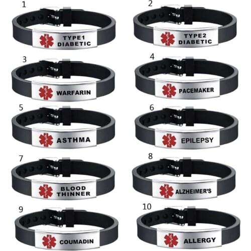 Stylish Red Medical- Alert ID Bracelet Emergency First Aid Adjustable Type 1 Diabetes Silicone Bangle Wristband Unisex