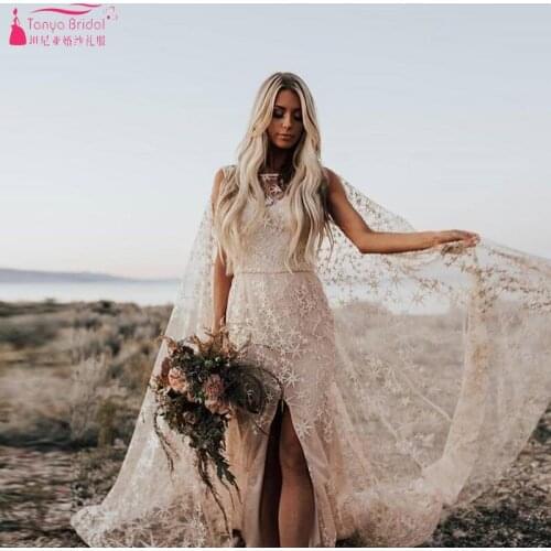 Swooning Dazzling Wedding Dresses Awesome Floral Print Star Bridal Gowns With Cape Bohemian Country Vestido De Noiva ZW124