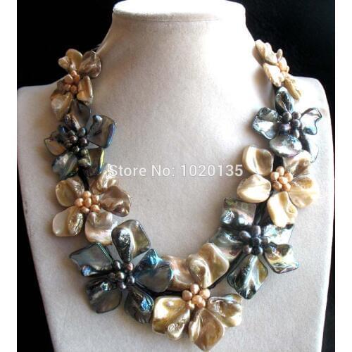WOW! freshwater pearl black rice and white shell flower necklace 18inch nature wholesale beads FPPJ