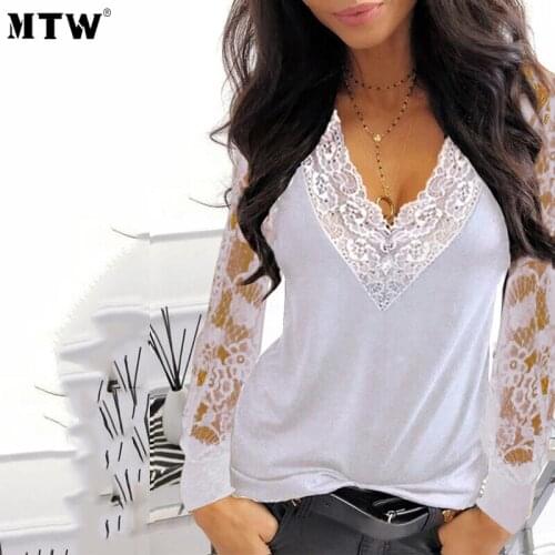 Women Sexy V-neck Lace See-through T-shirt Spring Summer Solid Long Sleeve Patchwork Tee Shirts 2021 Casual White Office Tops