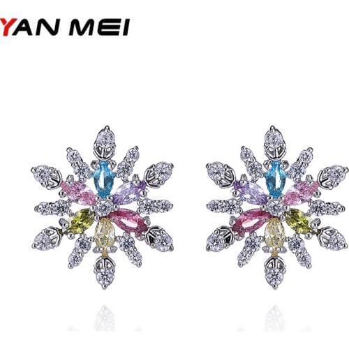 Colorful Crystal Geometry Snow Flower Shape Stud Earring For Women AAA Cubic Zirconia Sweet Hollow Earrings Boucle D'oreille