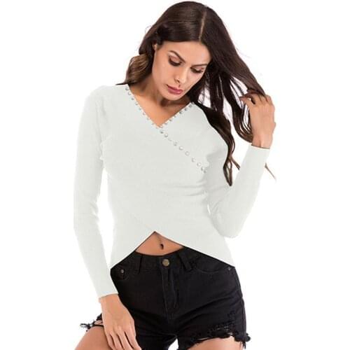 2020 autumn bottoming sweater womens V-neck cross irregular beading waist navel