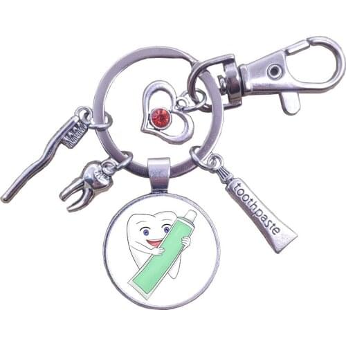 Cute Lovely Time Gem Charm Dentist Tooth Toothpaste Toothbrush Unique Keychain Key Ring Red Heart Men Women Jewelry Gift