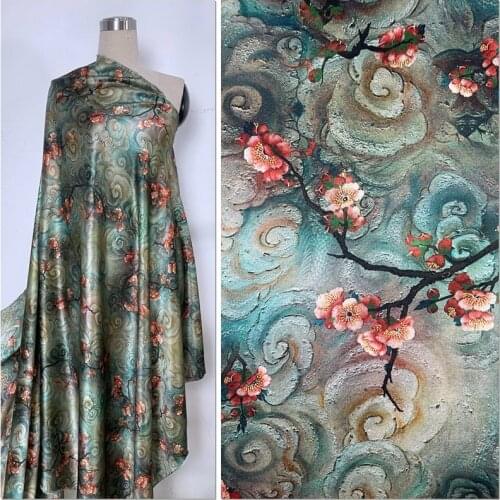 1 Meter Chinese Ancient Style 40 MM Heavy Silk Fabric Cheongsam Dress Qiao Satin Green Auspicious Clouds Red Plum