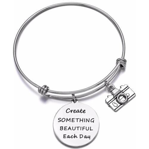 2.5inch Girls Bangle Photographer Gift Camera Bracelet Create Something Beautiful Each Day Charm Inspiration Jewelry for Women